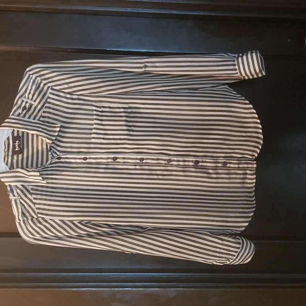 Olive Green & White Stripe Sheer Blouse w/ Convertible Sleeves